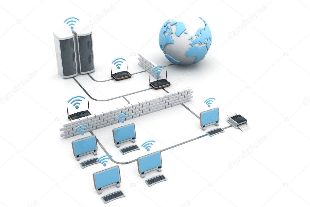 Internet networking devices on white background