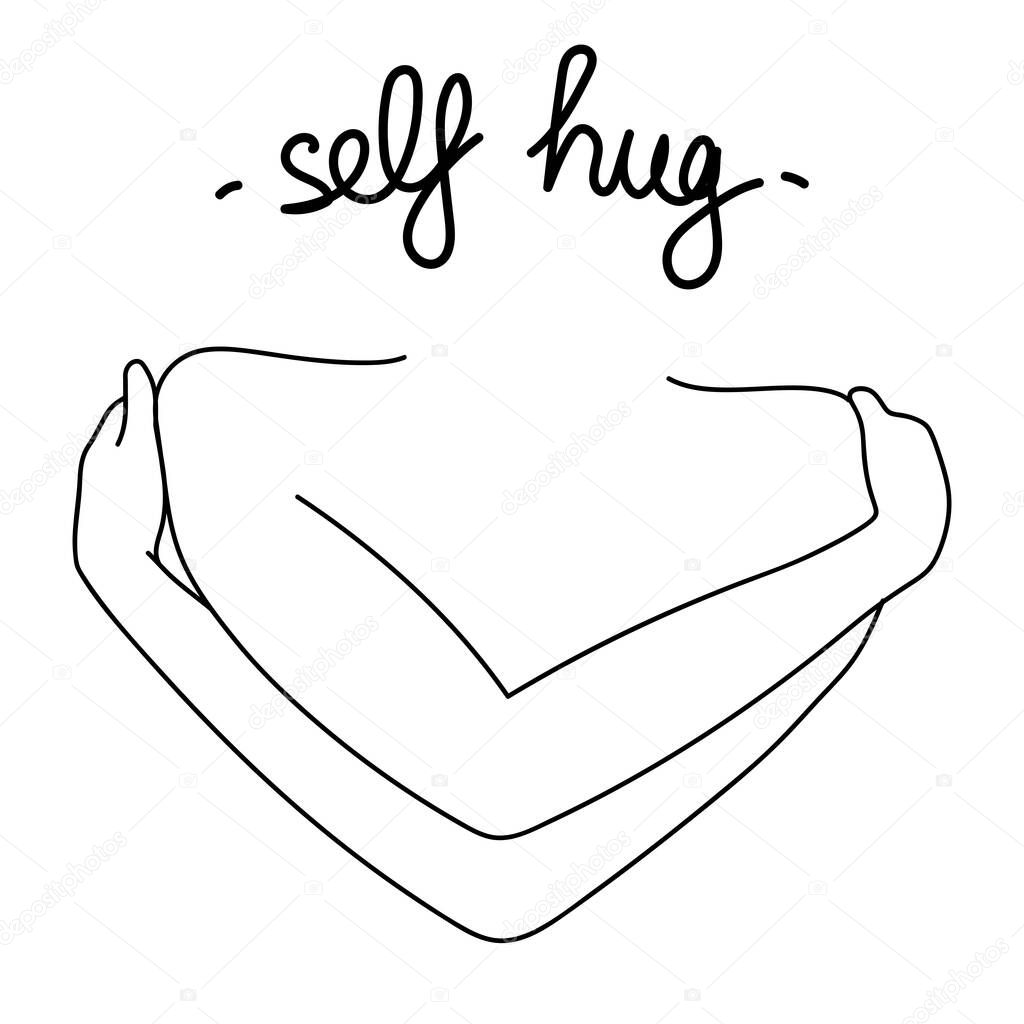 Self Hug Vector Minimalist Line Illustration. Happy Hug Holiday Day 2020. Hugging hands with heart on isolated white background