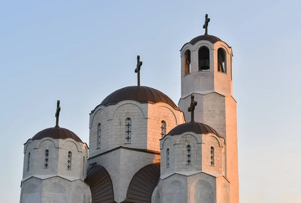 Detalle Una Nueva Iglesia Ortodoxa Skopje Durante Puesta Del Sol — Foto de Stock