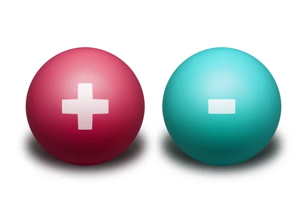 Duas Bolas Representando Cargas Elétricas Opostas Isoladas Fundo Branco — Fotografia de Stock