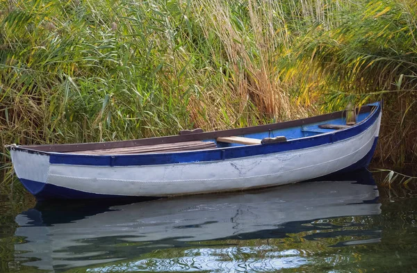 Small Fishing Boat Floating Lake Dense Reed — Stock Photo, Image