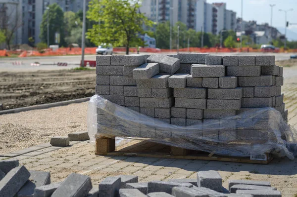 Byte Gamla Stenblocken Och Ombyggnad Trottoaren — Stockfoto