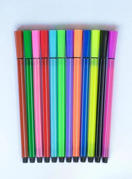 Twelve Basic Colors Felt Pen Set Bright Background — Stock Photo, Image