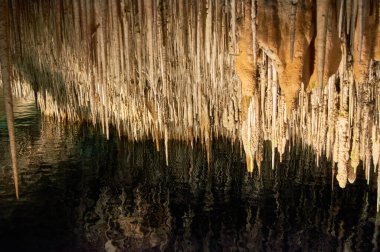 Cueva del Drach 'ta sürekli döngü içinde büyüme ve küçülme, kireçtaşı oluşumları, sarkıtlar, dikitler, sütunlar, epelevrenler