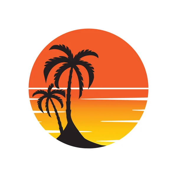 Θέα Στην Παραλία Ηλιοβασίλεμα Ανατολή Απεικόνιση Φορέα Σχεδιασμού Φοινικόδεντρου — Διανυσματικό Αρχείο