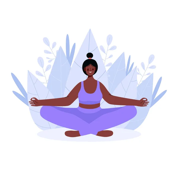 Yoga lotusu pozunda meditasyon yapan bir kadın. Yoga, meditasyon, rahatlama, dinlenme, sağlıklı yaşam tarzı kavramları. Kadın aktiviteleri. Çizgi film tarzında vektör illüstrasyonu.