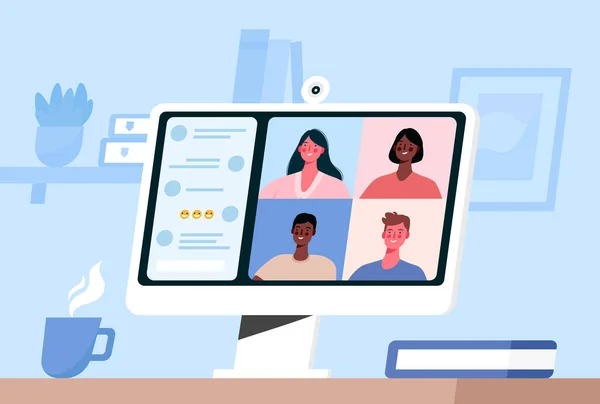 Meslektaşlarımla görüntülü görüşme. Şirket video görüşmesi, uzaktan tartışma, internet sohbeti, online görüşme. Uzaktan kumanda. Evden çalışıyorum. Karantina sırasında takım çalışması kavramı. Düz vektör illüstrasyonu