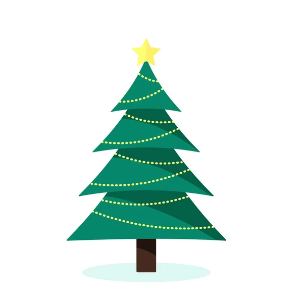 Gedecoreerde kerstboom met geschenkdozen, verlichting, decoratieballen en lampen. Vrolijk kerstfeest en een gelukkig nieuwjaar. Vector illustratie in platte en cartoon stijl — Stockvector