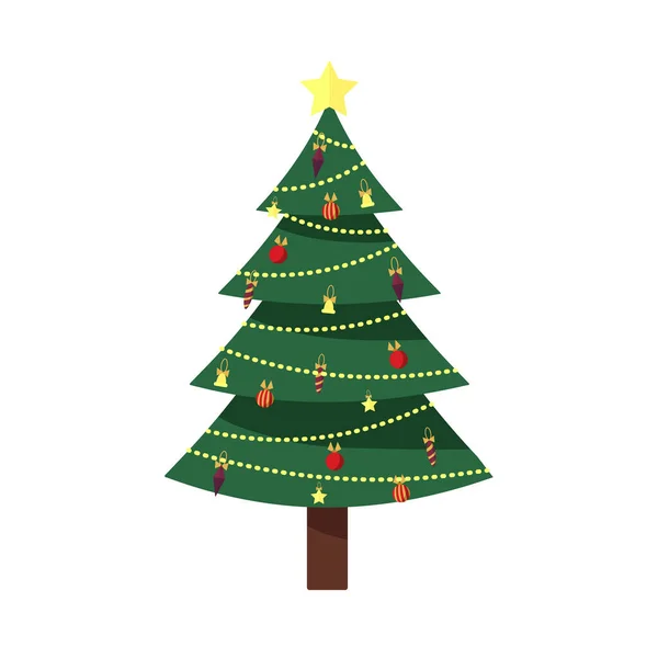 Gedecoreerde kerstboom met geschenkdozen, verlichting, decoratieballen en lampen. Vrolijk kerstfeest en een gelukkig nieuwjaar. Vector illustratie in platte en cartoon stijl — Stockvector
