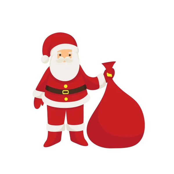 Tarjeta de Navidad. Divertida caricatura Santa Claus con enorme bolsa roja con regalos aislados sobre fondo blanco. Sombrero rojo de Santa. Para carteles de Navidad y Año Nuevo, etiquetas de regalo y etiquetas — Archivo Imágenes Vectoriales