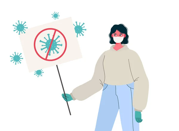 Roman Coronavirus 2019-NCoV. Tıbbi maske takan ve elinde pankart olan bir kadın. Coronavirus karantinası. Koronavirüsü imzalayın. Koronavirüsü durdurun. Çizgi film tarzında illüstrasyon.