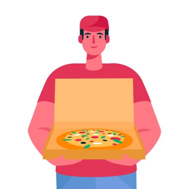 Pizzacı çocuk elinde karton kutu tutuyor. Teslimat emri. Hızlı kurye. Restoran yemek servisi. Çizgi film düz stiliyle vektör illüstrasyonu