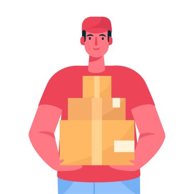 Paketle birlikte kurye. Kırmızı üniformalı bir teslimatçı elinde bir karton kutu tutuyor. Hızlı kurye. Restoran yemek servisi, posta servisi. Çizgi film düz stiliyle vektör illüstrasyonu