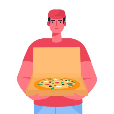 Pizza teslimatçısı elinde içinde pizza olan karton bir kutu tutuyor. Hızlı kurye. Restoran yemek servisi. Çizgi film düz stiliyle vektör illüstrasyonu