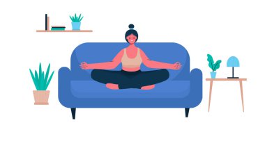 Gözleri kapalı bir kadın sandalyede bacak bacak üstüne atarak oturur ve meditasyon yapar. Meditasyon, evde rahatlama, yoga. Vücut, zihin ve duygular için sağlık faydaları. Düz çizgi film vektör çizimi.