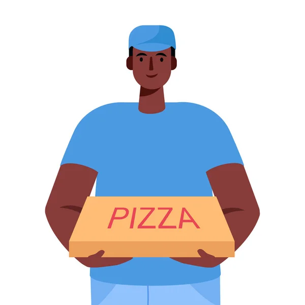 Pizza teslimatçısı, içinde pizza olan karton bir kutu tutuyor. Hızlı kurye. Restoran yemek servisi. Çizgi film düz stiliyle vektör illüstrasyonu