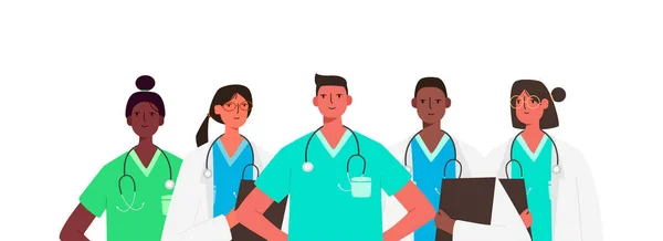 Bir dizi doktor karakteri. Tıbbi ekip konsepti vektör illüstrasyon tasarımında. Tıp doktoru, hemşire, terapist, cerrah, hastane çalışanları, bir grup sağlık görevlisi..