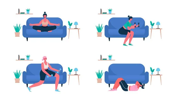 在家里锻炼的女人 女人在室内做运动 妇女活动 运动健康的生活方式 健康的身体 健康的概念 嘎吱嘎吱嘎吱 卡通平面矢量插图 — 图库矢量图片