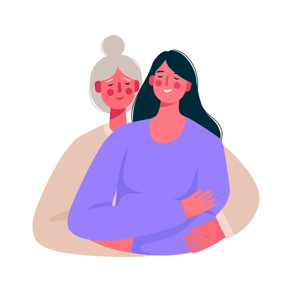 快乐的微笑着的母亲和女儿年长的母亲用爱心拥抱她的成年女儿 母亲节快乐卡 平面卡通矢量插图 — 图库矢量图片