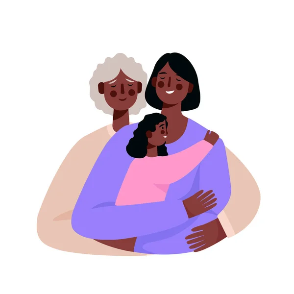 お母さんは大人の娘を愛で抱きかかえている 母親は娘を抱いている 3世代の女性を笑顔 幸せな母の日カード ベクターイラスト — ストックベクタ