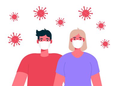 Coronavirus. Roman virüsü 2019-NCoV. Yüzlerinde beyaz tıbbi maskeler olan genç bir çift. İnsanlar evde kalıyor: izolasyon, koruma, önleme, kavga. Düz çizgi film vektör çizimi