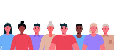 Beyaz arka planda çok ırklı insanlardan oluşan bir grup. Mutlu yaşlı ve genç erkekler, birlikte duran kadınlar. Sosyal çeşitlilik. Düz çizgi film vektör çizimi.