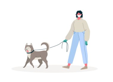Beyaz tıbbi koruyucu maskeli ve tıbbi eldivenli bir kadın köpekleriyle yürüyor. Coronavirus karantinası. Yeni Coronavirus COVID-19 virüsünden koru Çizgi film düz vektör çizimi.