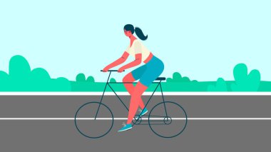 Parkta bisiklet süren bir kadın. Bisiklet, antrenman, kardiyo egzersizi, dinlenme. Ekoloji konsepti. Spor ve boş zaman aktiviteleri. Sağlıklı bir yaşam tarzı. Çizgi film tarzında vektör illüstrasyonu.