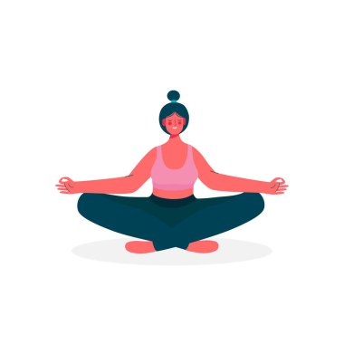 Yoga Lotus pozunda oturan genç bir kadın. Meditasyon yapan kız illüstrasyonu. Kadın aktiviteleri. Sağlıklı yaşam tarzı. Çizgi film tarzında vektör illüstrasyonu.