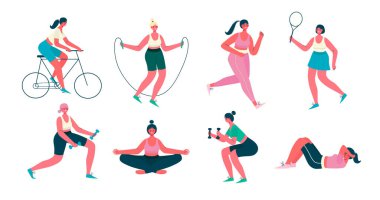 Kadın aktiviteleri. Spor yapan, yoga yapan, bisiklete binen, koşan, zıplayan, spor yapan kadınlar. Sağlıklı yaşam tarzı, aktif çalışma. Beyaz arkaplanda izole edilmiş vektör düz çizgi film çizimi.