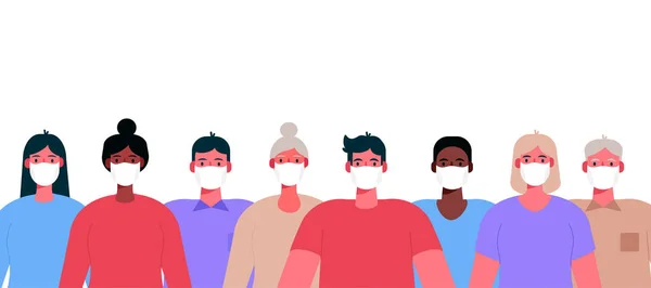 Roman Coronavirus 2019-NCoV. Bir grup insan, yetişkin, beyaz tıbbi maske takan yaşlı insanlar. Koronavirüs karantinası kavramı. Koronavirüsü durdurun. Çizgi film tarzında vektör illüstrasyonu