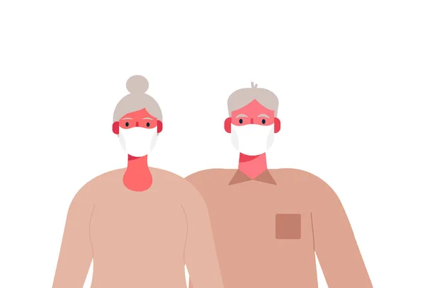 コロナウイルス 新ウイルス2019 Ncov 顔にはマスクの老夫婦 高齢者 祖父母の保護 家の概念にとどまる フラット漫画ベクトルイラスト — ストックベクタ