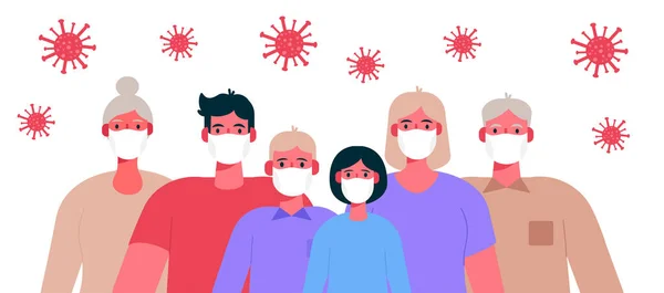Roman Coronavirus 2019-NCoV. Koruyucu tıbbi maske takan aile. Baba, kız, oğul, büyükbaba, büyükanne. Koronavirüs karantinası kavramı. Çizgi film tarzında vektör illüstrasyonu