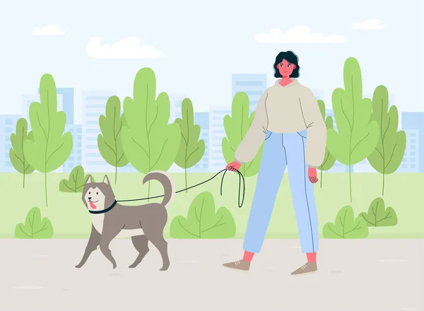 Молодая Женщина Гуляет Собакой Открытом Воздухе Парке Здоровый Активный Образ — стоковый вектор