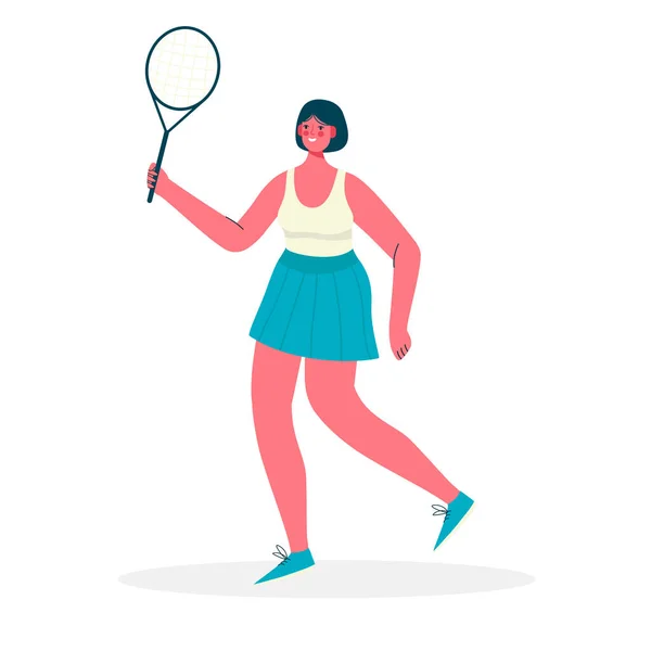 Spor kıyafetleri giymiş tenis oynayan bir kadın. Raket tutan ve topa vuran kadın beyaz arka planda izole edilmiş. Kadın aktiviteleri. Sağlıklı bir yaşam tarzı. Düz çizgi film vektör çizimi.