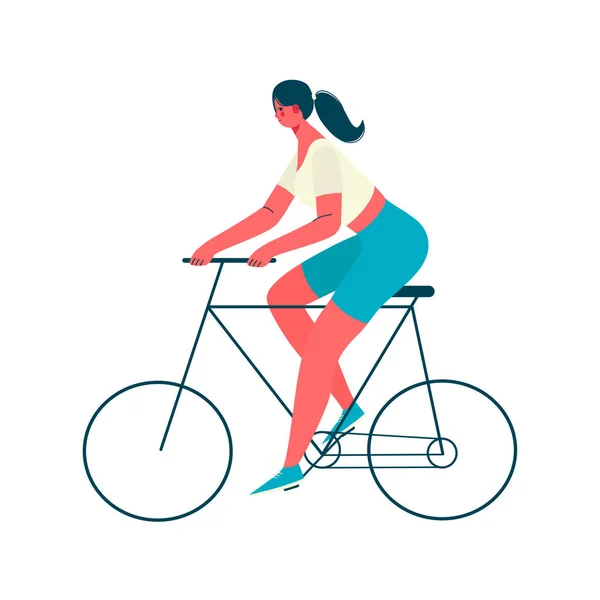Μια Γυναίκα Κάνει Ποδήλατο Στο Πάρκο Ποδηλασία Προπόνηση Γυμναστική Χαλάρωση — Διανυσματικό Αρχείο