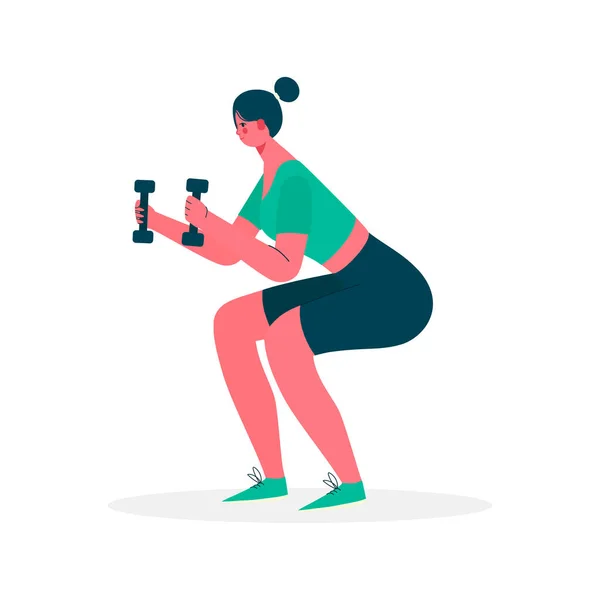 Woman doing exercise squat with dumbbells in sportswear. Woman get perfect butt and legs with exercise. Weight loss. Healthy lifestyle. Woman activities. Vector illustration in flat cartoon style.