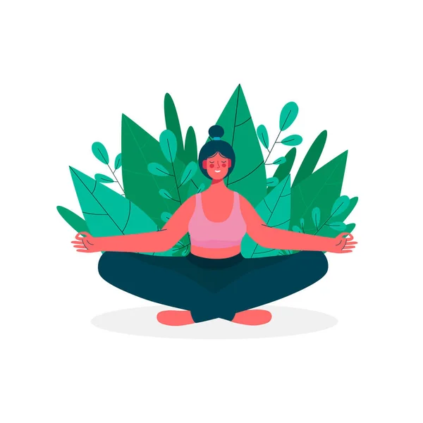 自然の中でヨガのハスのポーズと葉で瞑想女性 リラックス レクリエーション 健康的なライフスタイルのためのコンセプトイラスト 女の活動だ 平面漫画風のベクトルイラスト — ストックベクタ