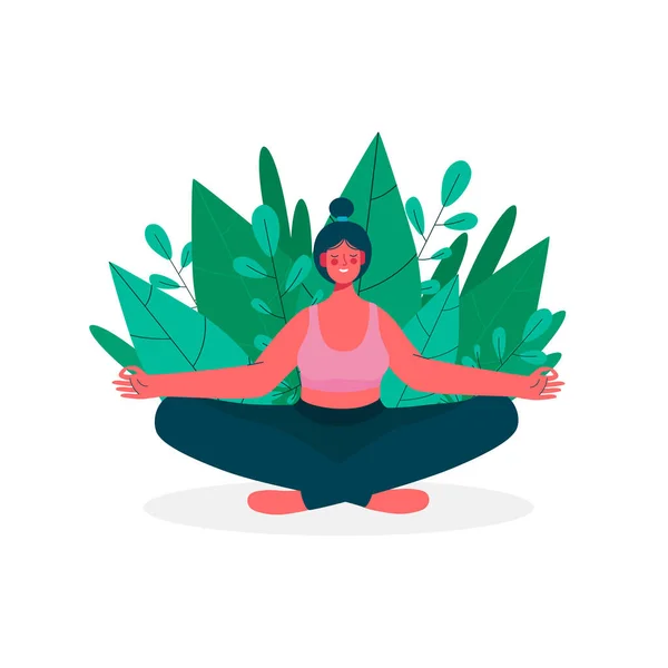 Yoga Lotusu 'nda meditasyon yapan kadın doğada poz verir ve gider. Yoga, meditasyon, rahatlama, dinlenme, sağlıklı yaşam tarzı kavramları. Kadın aktiviteleri. Çizgi film tarzında vektör illüstrasyonu.