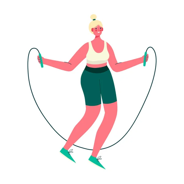 女の活動だ ロープ漫画のフラットベクトルイラストをスキップして女の子ジャンプします ジャンプロープでフィットネス運動 ボディワークアウト 体操トレーニング 健康的なライフスタイル — ストックベクタ