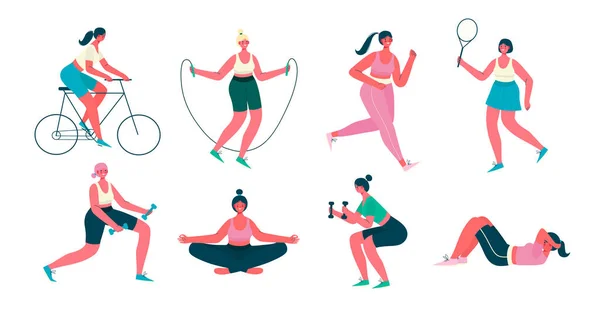 Kadın aktiviteleri. Spor yapan, yoga yapan, bisiklete binen, koşan, zıplayan, spor yapan kadınlar. Sağlıklı yaşam tarzı, aktif çalışma. Beyaz arkaplanda izole edilmiş vektör düz çizgi film çizimi.