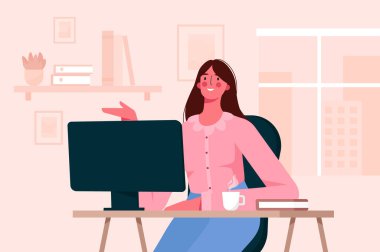 Uzaktan çalışma ya da online eğitim konsepti. Ev ofisinde çalışan bir kadın, odada masa başında oturan, bilgisayar ekranına bakan ve online iş arkadaşlarıyla konuşan bir kadın. Merkez ofis. Düz vektör illüstrasyonu.