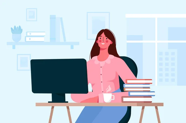 Çevrimiçi eğitim ya da uzaktan çalışma konsepti. Öğrenciyim, evde online çalışıyorum. Masada oturan bir kadın, bilgisayar ekranına bakıyor ve ders çalışıyor. Kitaplar ve egzersiz kitapları. Düz vektör illüstrasyonu