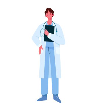 Beyaz arka planda izole edilmiş genç profesyonel doktor. Tıbbi uzman. Tıp doktoru, hemşire, cerrah, profesyonel hastane çalışanı. Çizgi film düz vektör çizimi.