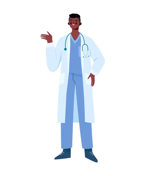 Young professional black man doctor isolated on white background. Medical specialist. Medical staff doctor nurse therapist surgeon professional hospital worker. Cartoon flat vector illustration.