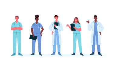 Bir dizi doktor karakteri. Tıbbi ekip konsepti vektör illüstrasyon tasarımında. Tıp doktoru, hemşire, terapist, cerrah, hastane çalışanları, bir grup sağlık görevlisi..