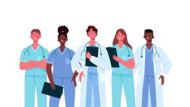 Bir dizi doktor karakteri. Tıbbi ekip konsepti vektör illüstrasyon tasarımında. Tıp doktoru, hemşire, terapist, cerrah, hastane çalışanları, bir grup sağlık görevlisi..