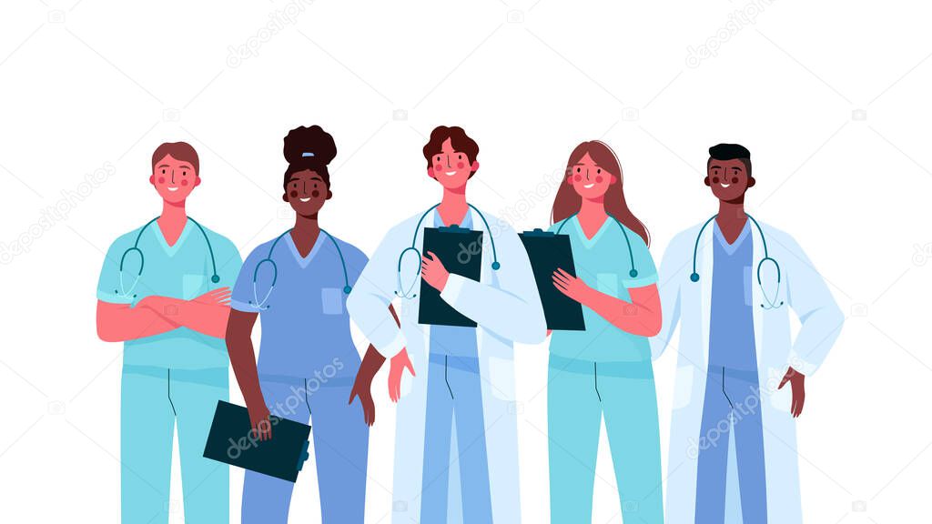 Set of doctors characters. Medical team concept in vector illustration design. Medical staff doctor nurse therapist surgeon professional hospital workers, group of medics.