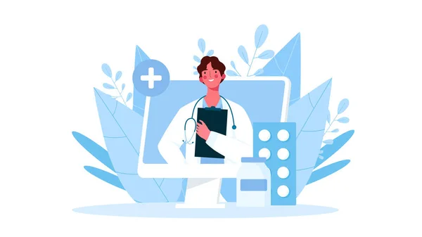 Çevrimiçi tıbbi danışmanlık, destek. Çevrimiçi doktor. Sağlık hizmetleri. Bilgisayarında steteskop olan aile doktoru. İniş sayfası şablonları için vektör illüstrasyonu.