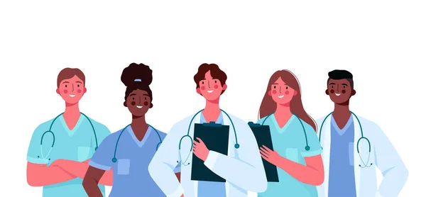 Ilustração dos desenhos animados da equipe de equipe médica do hospital,  personagens de médicos e enfermeiros.